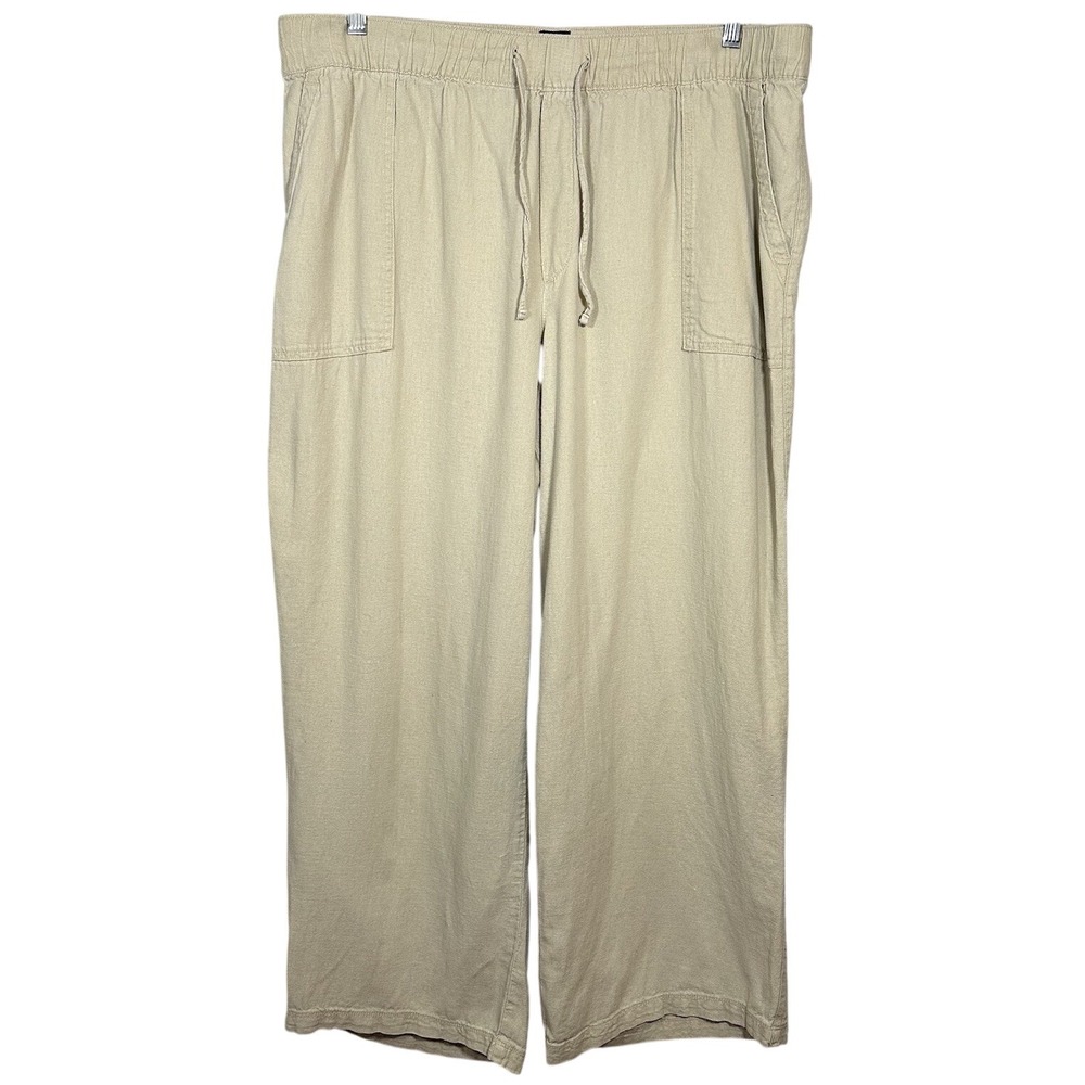 GAP Women's XL Tan Khaki Wide Leg Pants Linen Rayon Drawstring Casual Relaxed